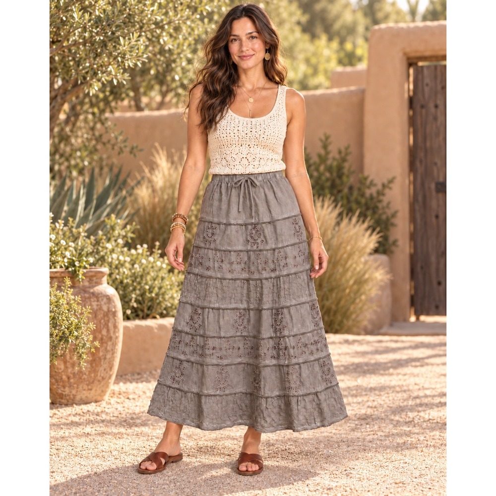 Advance Apparels Taupe Floral Embroidered Tiered Maxi Skirt One Size Drawstring